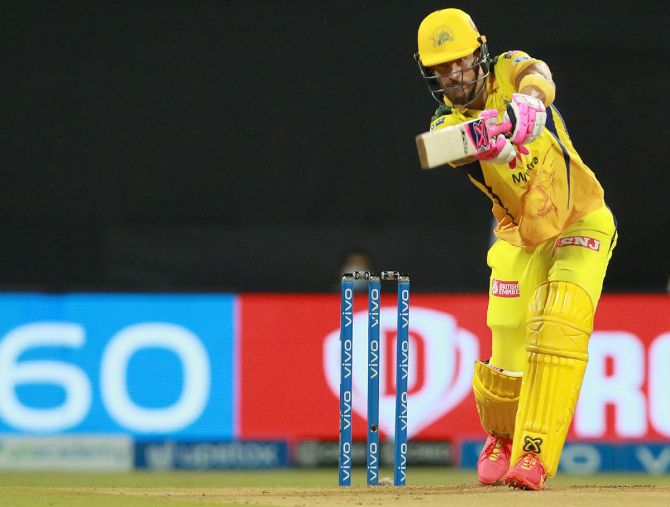 Chennai Super Kings opener Faf du Plessis plays a shot during his whirlwind knock against Rajasthan Royals 