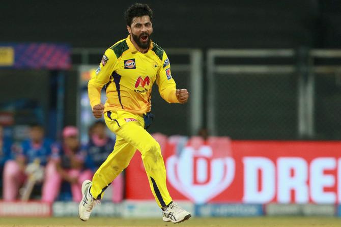 Ravindra Jadeja celebrates after taking the wicket of Shivam Dube