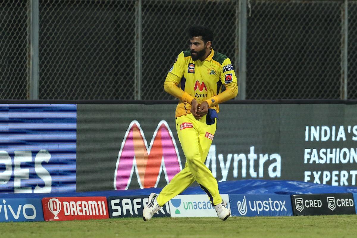  Ravindra Jadeja takes the catch to dismiss Riyan Parag.