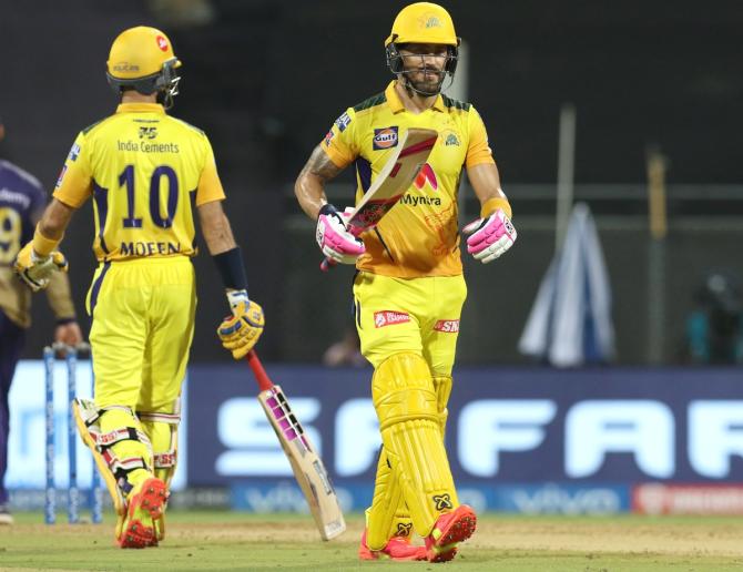 Chennai Super Kings opener Faf du Plessis celebrates after scoring 50 against Kolkata Knight Riders