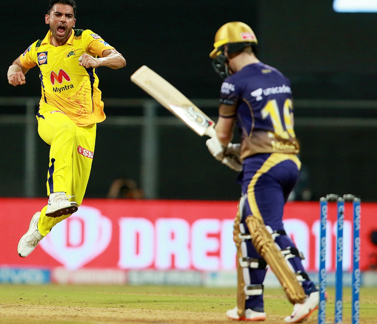 Deepak Chahar celebrates after dismissing Eoin Morgan 