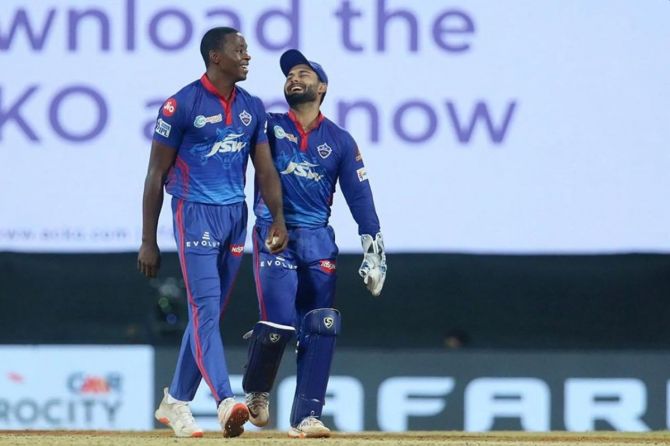 Delhi Capitals' captain Rishabh Pant shares a laugh with bowler Kagiso Rabada