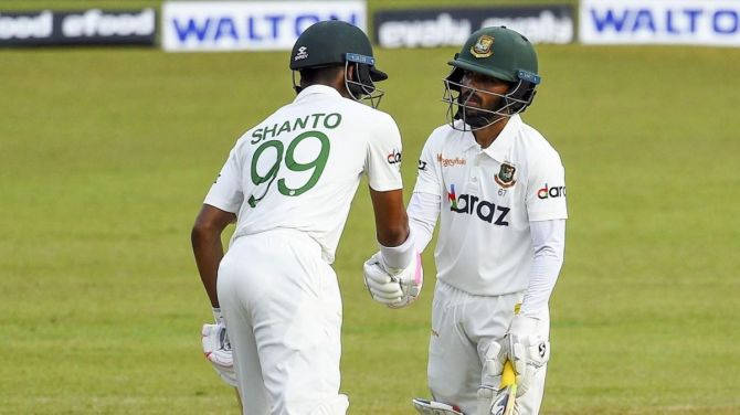 Bangladesh's Najmul Hossain and Mominul Haque put on a 242-run partnership against Sri Lanka on Day 2 of the 1st Test in Kandy. 