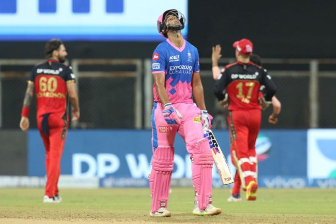 Rajasthan Royals' Shivam Dube is dejected after his dismissal