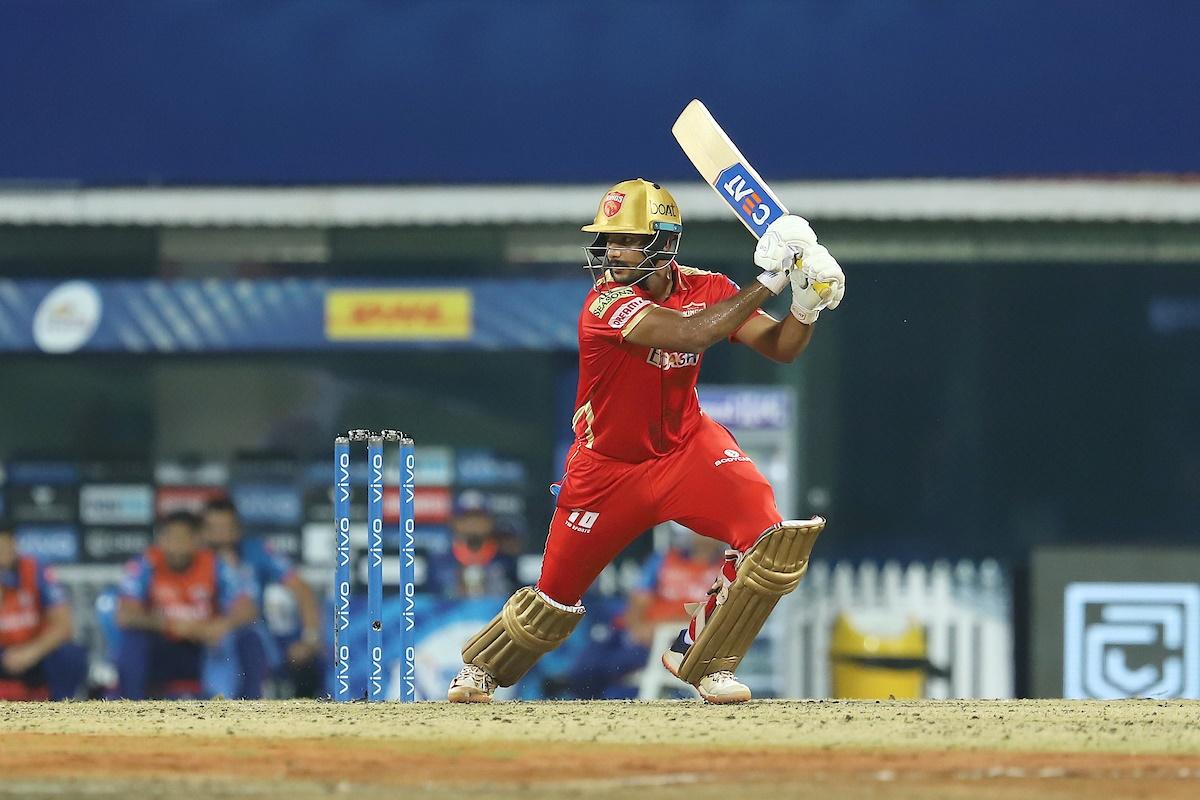 Mayank Agarwal sends the ball to the boundary