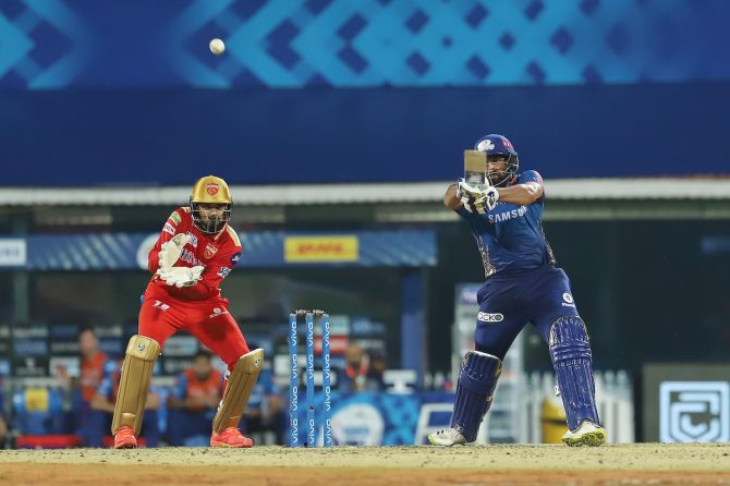 Rohit Sharma hits a boundary during his 52-ball 63 knock against Punjab Kings in the IPL match in Chennai on Friday