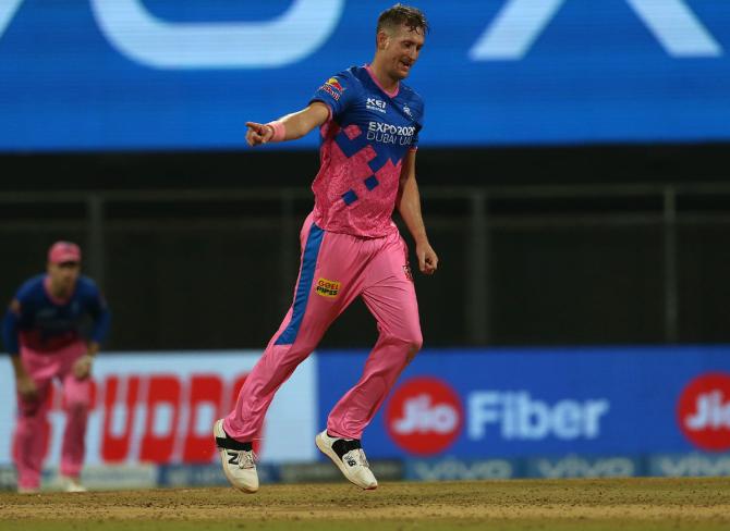 Rajasthan Royals pacer Chris Morris celebrates the wicket of Kolkata Knight Riders batsman Shivam Mavi during the IPL match, in Mumbai, on Saturday.