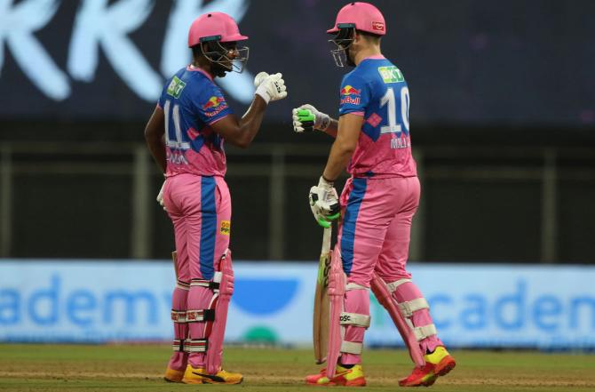 David Miller and Sanju Samson celebrate a boundary