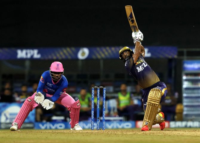 Rahul Tripathi hits a boundary during his 26-ball 36