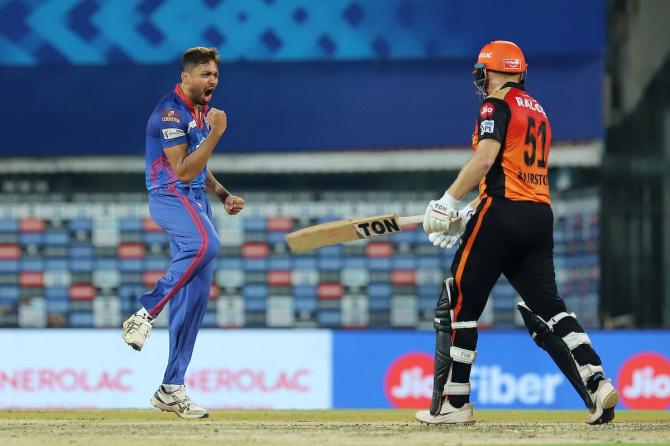 DC's Avesh Khan celebrates the wicket of SRH's Jonny Bairstow