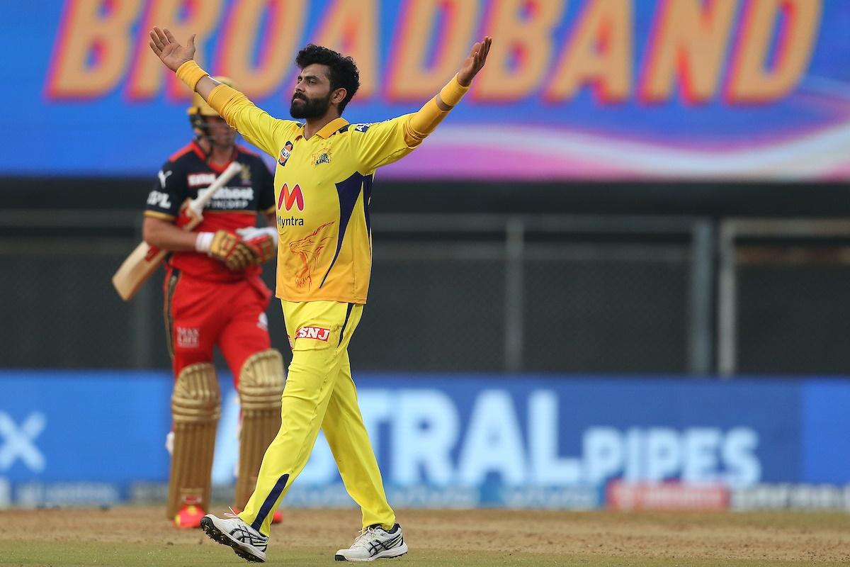 Chennia Super Kings  all-rounder Ravindra Jadeja celebrates after dismissing Royal Challengers Bangalore batsman A B de Villiers in the IPL match, in Mumbai, on Sunday.