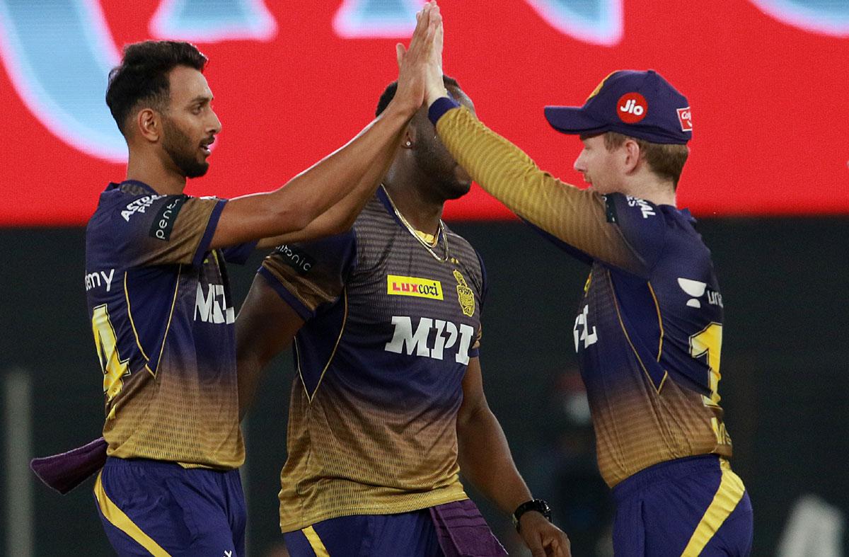 Kolkata Knight Riders pacer Prasidh Krishna celebrates after dismissing Punjab Kings batsman Deepak Hooda during the IPL match, in Ahmedabad, on Monday.