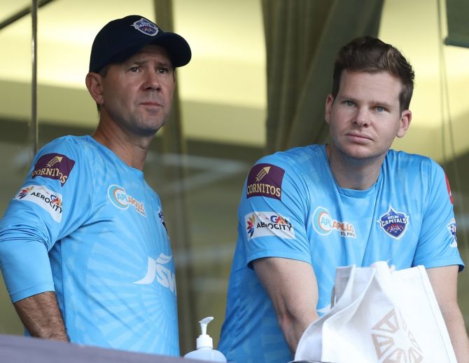 Delhi Capitals' coach Ricky Ponting with Steve Smith. Smith was acquired by Delhi Capitals for Rs 2.2 crore in the auction earlier this year.