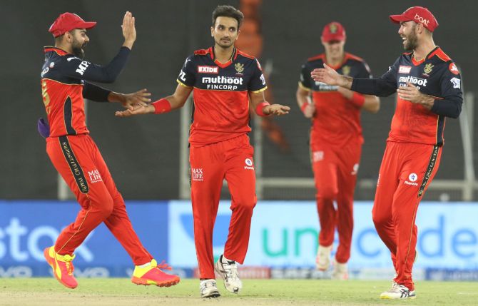 Harshal Patel celebrates the wicket of Prithvi Shaw