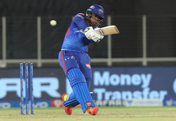 Delhi Capitals batsman Shimron Hetmyer hits a six.