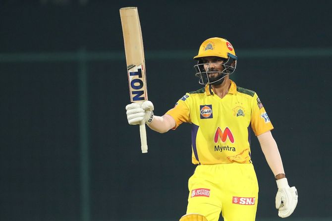 Chennai Super Kings opener Ruturaj Gaikwad celebrates after completing 50 during the IPL match against SunRisers Hyderabad in Delhi on Wednesday.
