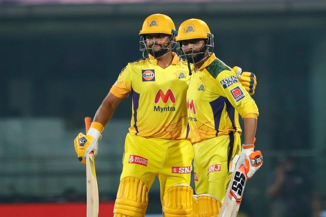 Suresh Raina and Ravindra Jadeja celebrate after sealing victory for Chennai Super Kings.