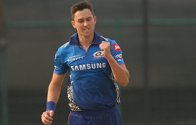 Trent Boult celebrates the wicket of Sanju Samson