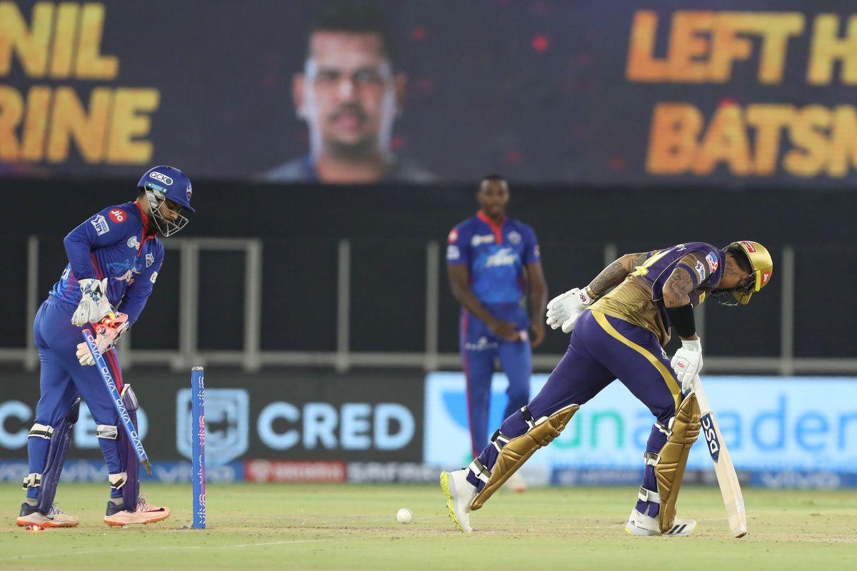 Kolkata Knight Riders' Sunil Narine is bowled by Delhi Capitals' Lalit Yadav for a duck