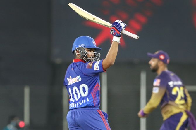 Delhi Capitals opener Prithvi Shaw reacts after getting to 50 during the IPL match against Kolkata Knight Riders, in Ahmedabad, on Thursday.
