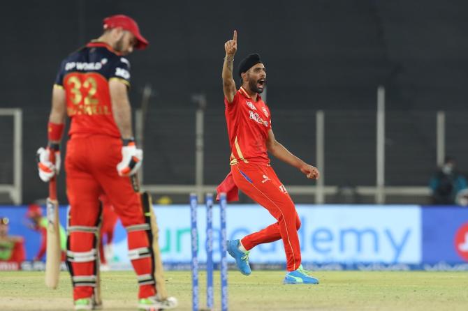 Harpreet Brar celebrates after shattering Glenn Maxwell’s stumps