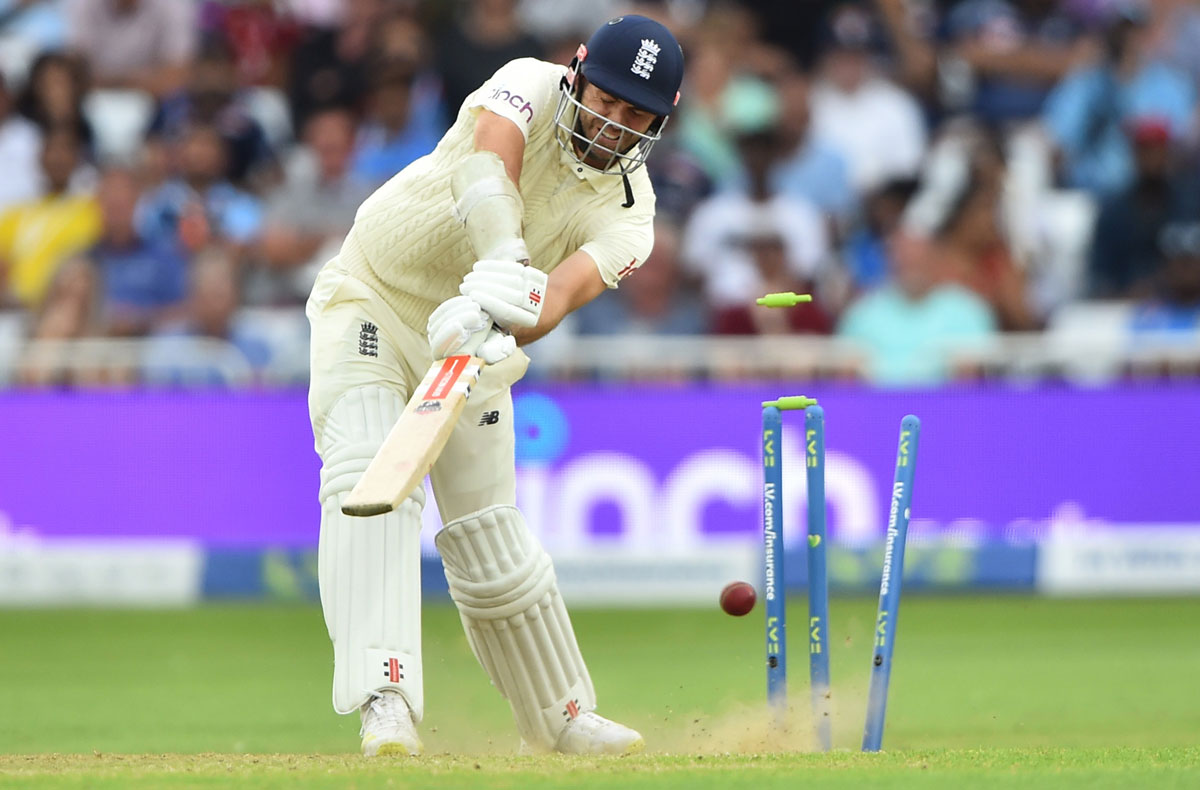 James Anderson is bowled by Jasprit Bumrah.