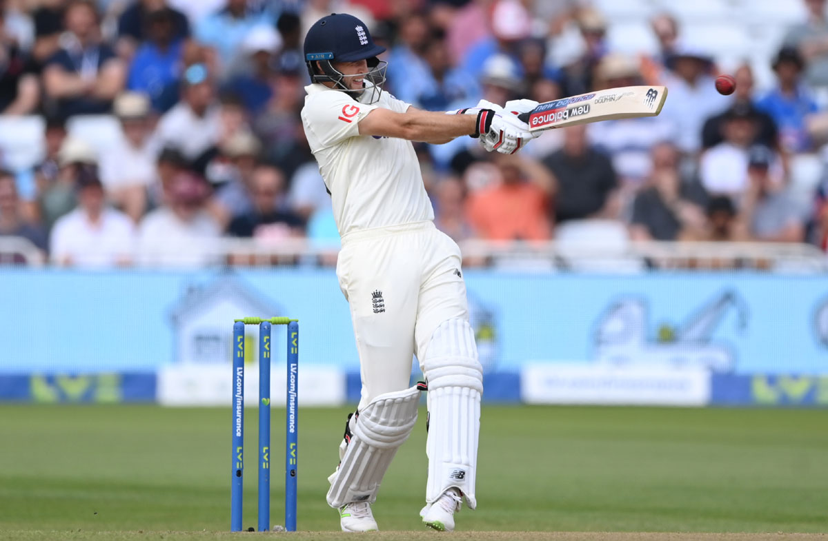 England's Joe Root pulls a short ball to the boundary.