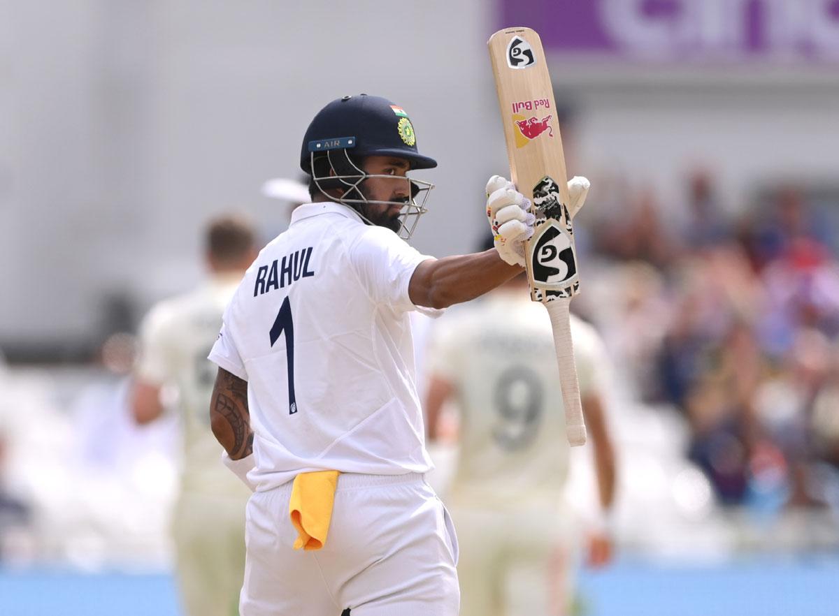 KL Rahul waves to the dressing room after completing 50 on Day 2