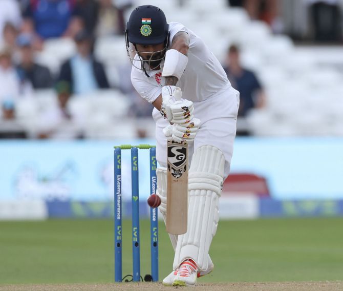K L Rahul bats during Day 3 in the first Test against England, at Trent Bridge, on Friday. Eddie Keogh/Getty Images