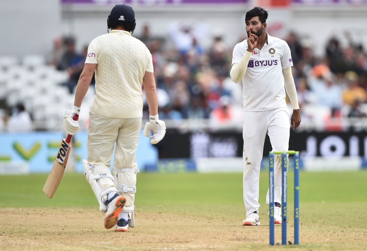 Mohammed Siraj celebrates after taking the wicket of Jonny Bairstow