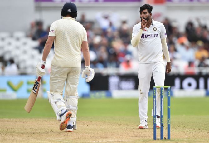 Mohammed Siraj celebrates after taking the wicket of Jonny Bairstow in the first Test