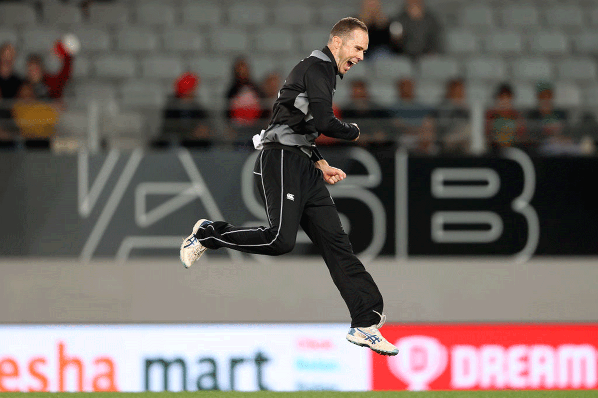 New Zealand's Todd Astle celebrates on claiming a wicket. Astle joins fellow leg-spinner Ish Sodhi and left-arm spinner Mitchell Santner for the October 17-November 14 tournament in the United Arab Emirates and Oman, where spin is expected to be important.