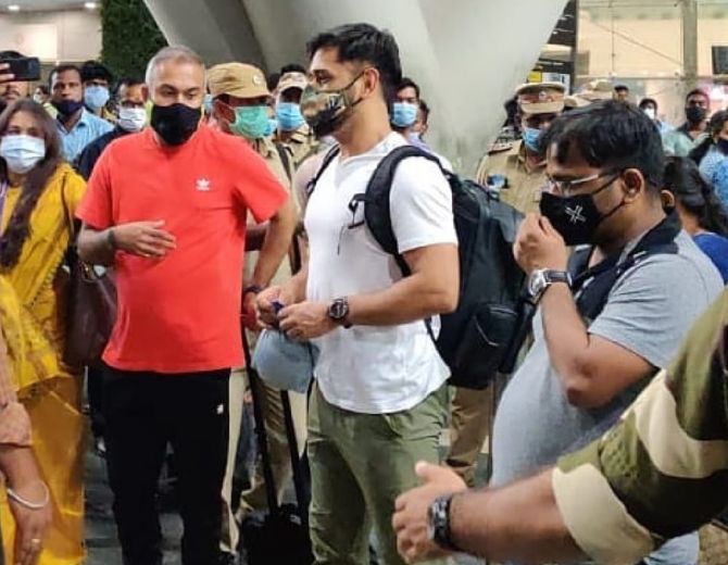 Chennai Super Kings skipper Mahendra Singh Dhoni arrives at Chennai airport to join his teammates as they prepare to leave for the UAE for the remainder of the Indian Premier League