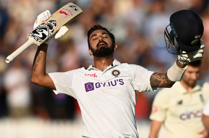 India opener K L Rahul celebrates after completing his century on Day 1 of the second Test against England, at Lord's Cricket Ground, in London, on Thursday. 