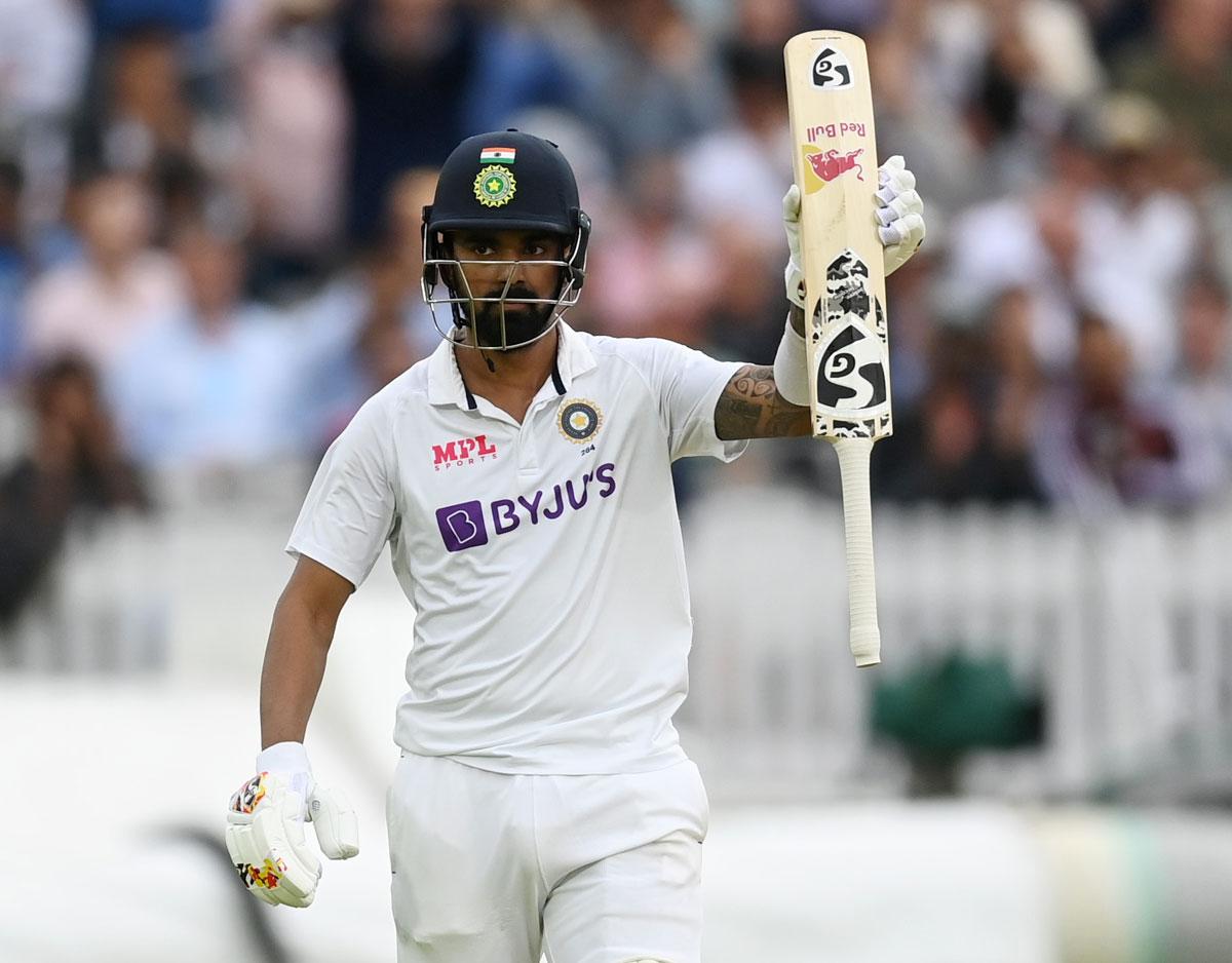 K L Rahul acknowledges the applause from the crowd after completing 50. 