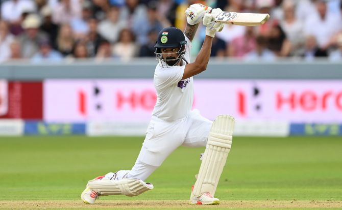K L Rahul drives on his way to an unbeaten 127 on Day 1.