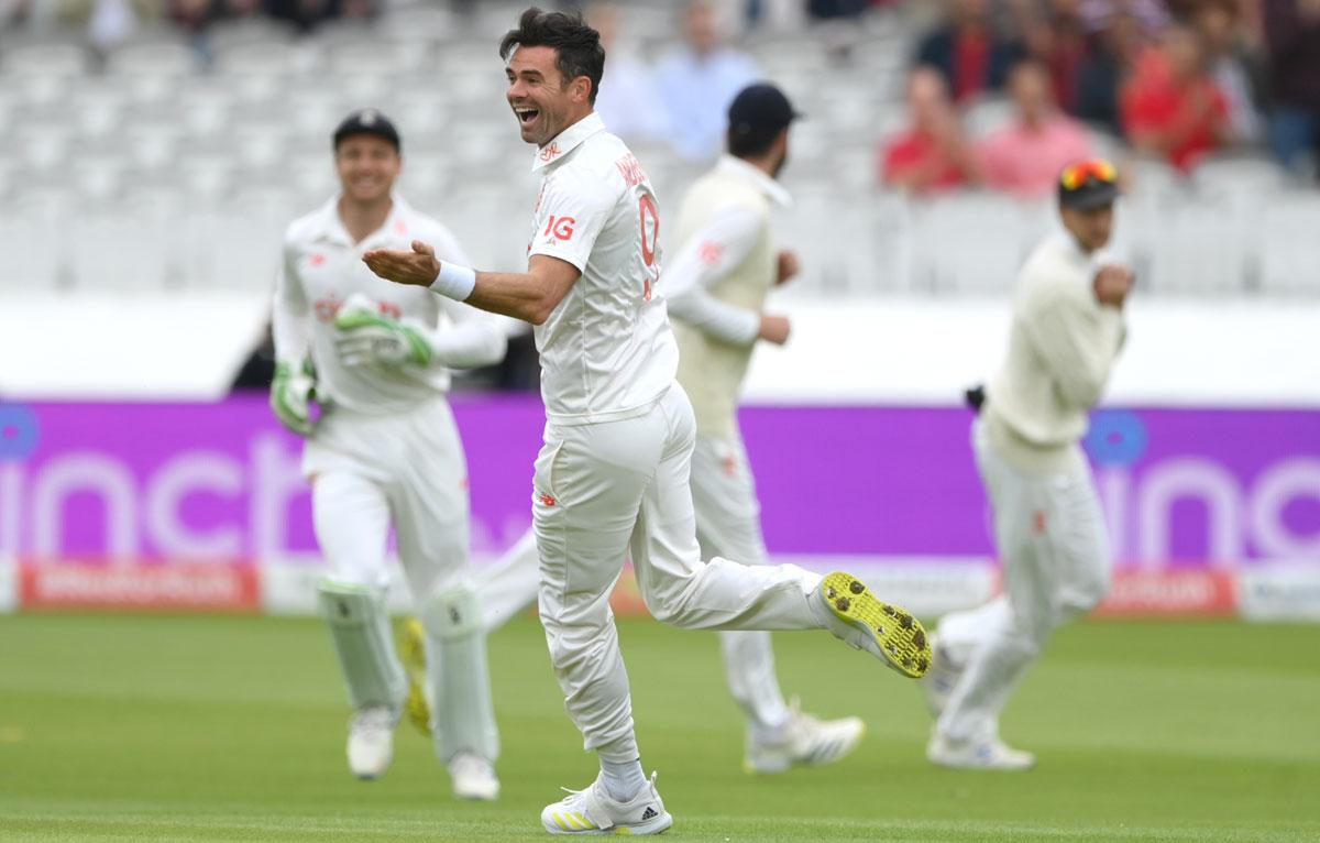 James Anderson celebrates after having Ajinkya Rahane caught by Joe Root.