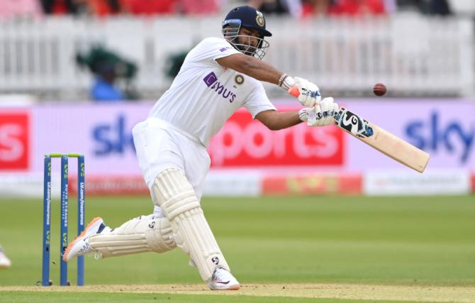 India's Rishabh Pant hits England pacer James Anderson to the boundary in the morning session on Day 2 of the second Test, at Lord's Cricket Ground, on Friday.