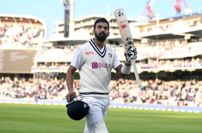 India opener K L Rahul gestures to the crowd as he leaves the field at stumps on Day 1 of the second Test against England, at Lord's Cricket Ground, on Thursday.