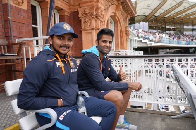 Prithvi Shaw and Suryakumar Yadav watch the Day 3 proceedings in the India-England second Test from Lord's balcony on Saturday.
