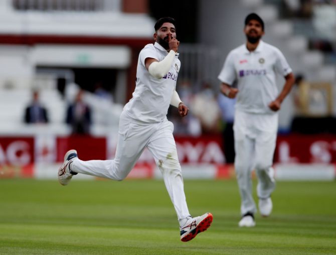 India pacer Mohammed Siraj celebrates after dismissing England's Haseeb Hameed on Day 2 of the second Test at Lord's Cricket Ground.