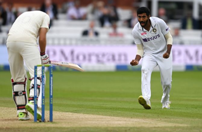 Jasprit Bumrah celebrates dismissing England captain Joe Root