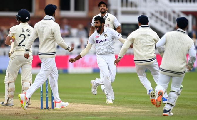 India pacer Jasprit Bumrah celebrates dismissing England opener Rory Burns during Day 5 of the second Test, at Lord's Cricket Ground, on Monday. 