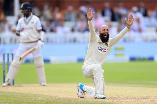 England's Moeen Ali appeals unsuccessfully for leg before wicket against Cheteshwar Pujara during Day 4 of the second Test against India, at Lord's Cricket Ground, on Sunday.