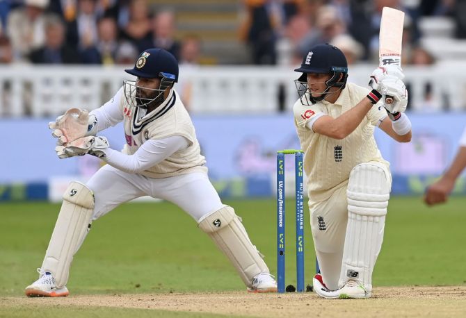 Captain Joe Root bats during England's second innings. 