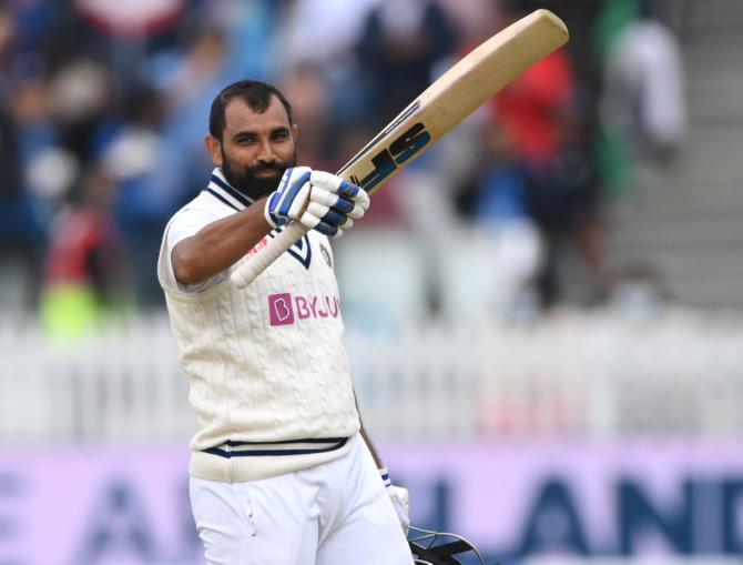 India's Mohammed Shami celebrates after scoring 50 during Day 5 of the second Test against England, at Lord's Cricket Ground, on Monday. 