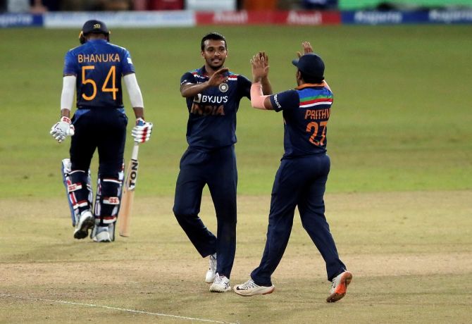 India's Chetan Sakariya celebrates taking the wicket of Bhanuka Rajapaksa during the third One-Day International against Sri Lanka, at Premadasa International Stadium, in Colombo, on July 23, 2021.