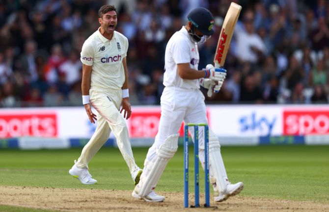 England pacer James Anderson celebrates taking the wicket of India's Virat Kohli on Day 1 of the Third Test, at Emerald Headingley stadium, in Leeds, on Wednesday.