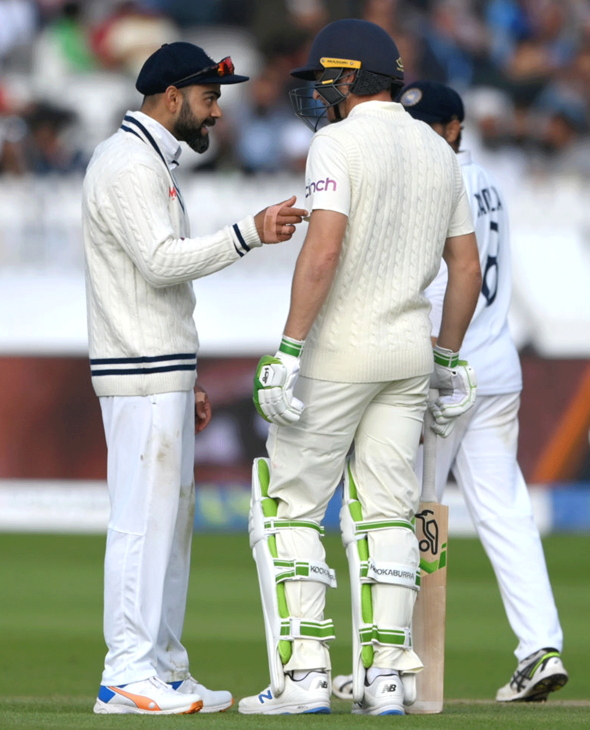 Virat Kohli and Jos Buttler get into a confrontation during Day 5 of the Lord's Test on on August 16, 2021 in London