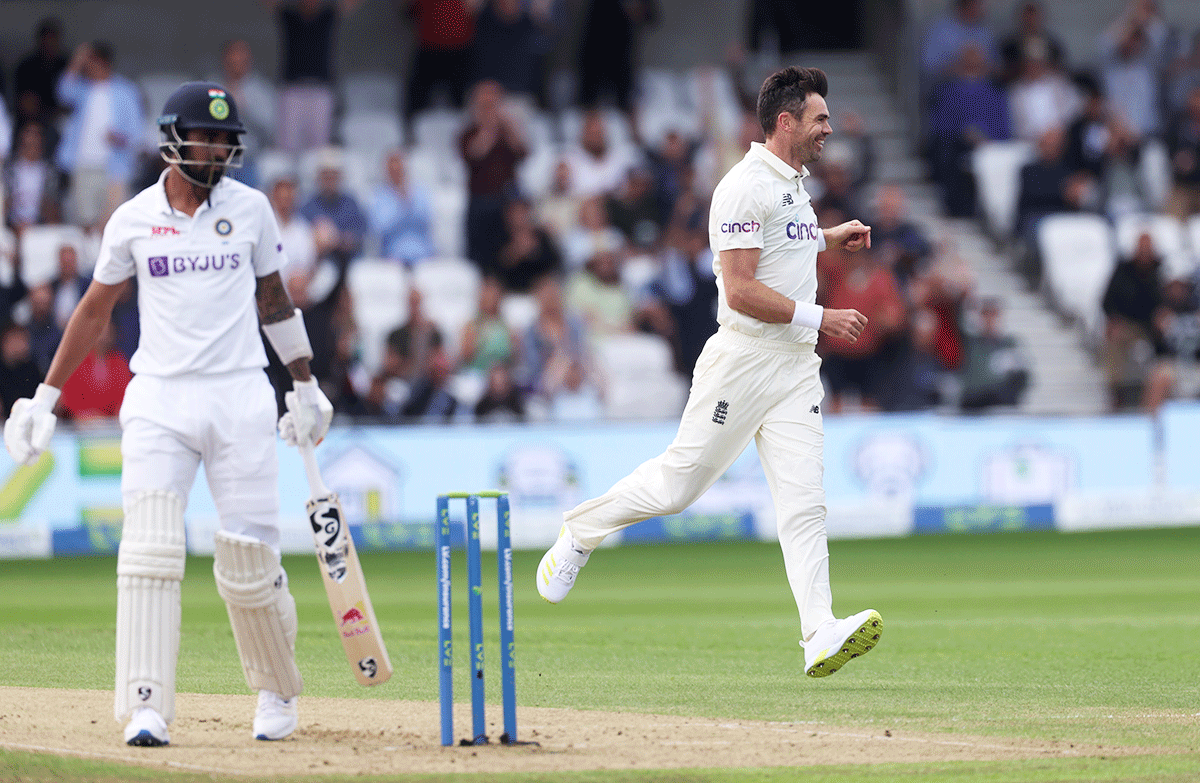 England's James Anderson celebrates taking the wicket of India's KL Rahul on Day 1 of the 3rd Test at Headingley, Leeds, on Wednesday